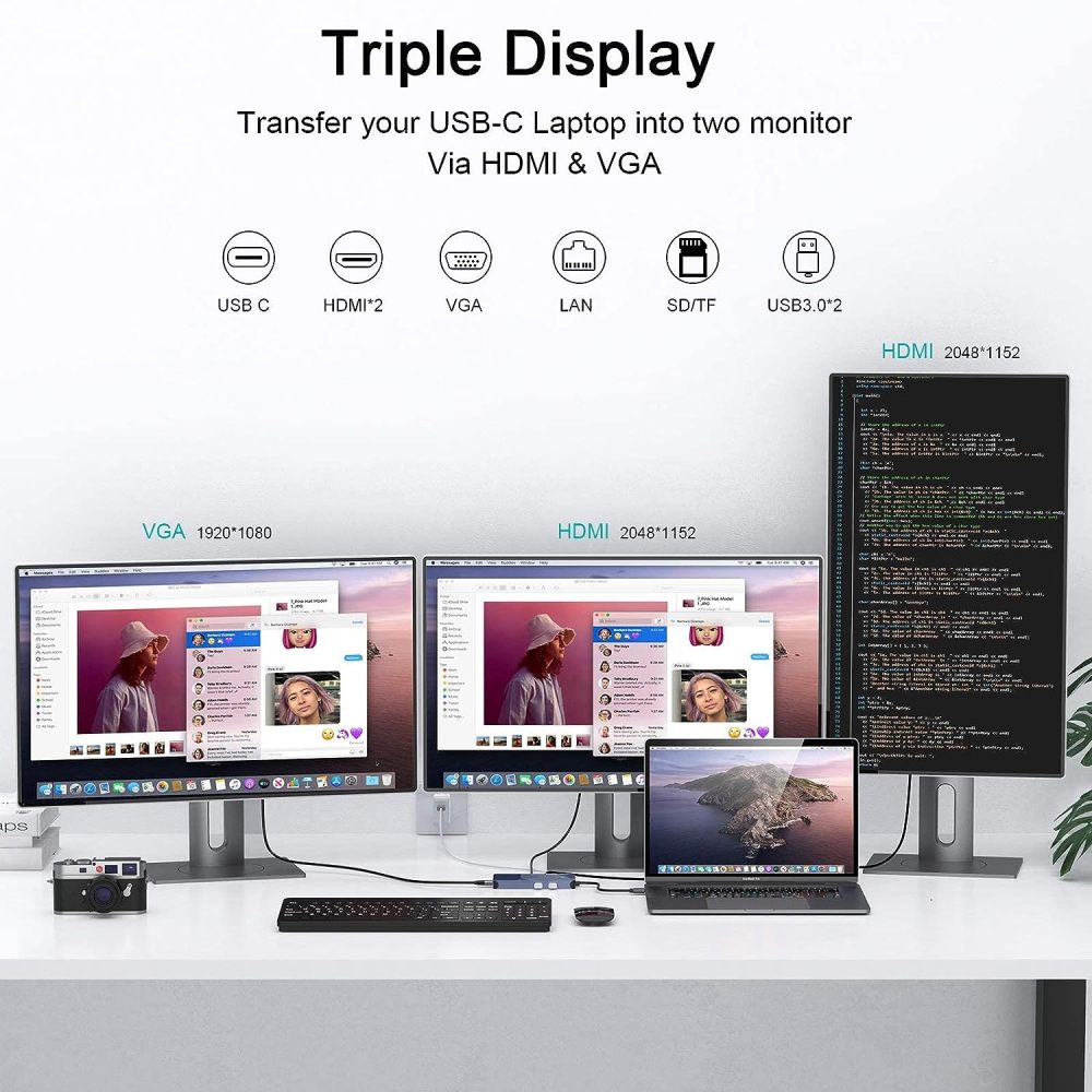 USB Docking Station GIQ USB C HUB USB 3.0 to Dual HDMI VGA Adapter Triple Display USB C Laptop Docking Station Dual Monitor HDMI Splitter Extender Compatible with MacBook-D3908