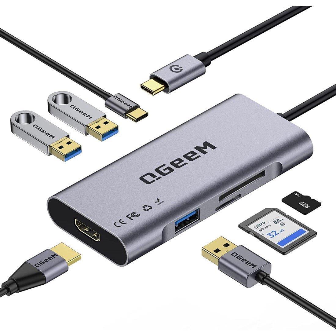 QGeeM 7-in-1 USB-C Hub with 100W Power Delivery,3 USB 3.0 Ports, SD/TF Card Reader,Compatible for MacBook and Windows-UH07-3