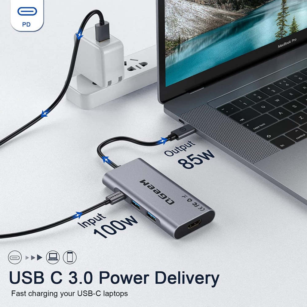 QGeeM 7-in-1 USB-C Hub with 100W Power Delivery,3 USB 3.0 Ports, SD/TF Card Reader,Compatible for MacBook and Windows-UH07-3