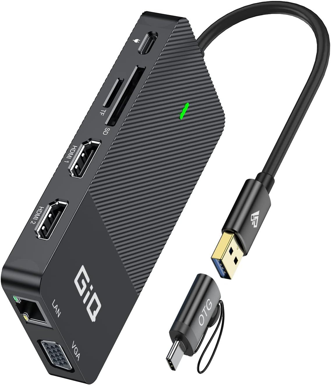 USB Docking Station GIQ USB C HUB USB 3.0 to Dual HDMI VGA Adapter Triple Display USB C Laptop Docking Station Dual Monitor HDMI Splitter Extender Compatible with MacBook-D3908