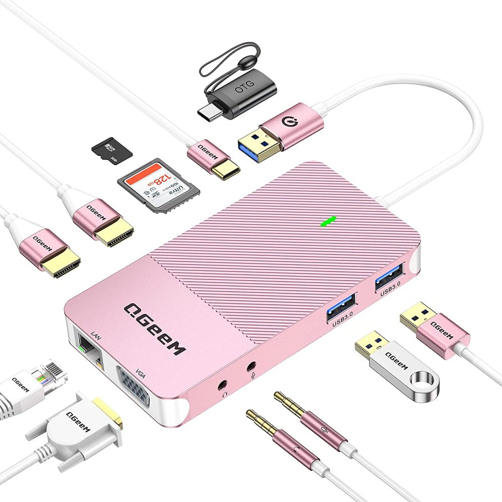 QGeeM 11-in-1 USB C/3.0 Hub with VGA,USB C Laptop Docking Station Compatible with MacBook M1 Dell HP Lenovo