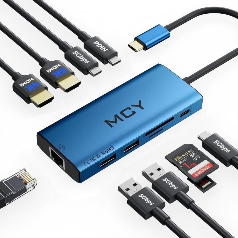 MCY Laptop Docking Station Single 8K@30Hz,Dual Monitor 4K@60Hz,10 in 1 USB C Hub Ethernet,Multiple USB-C to HDMI Adapter PD100W,RJ451000M,USB Data Port,SD/TF2.0,Type C Dongle Dock for MacBook/Dell/HP/Surface