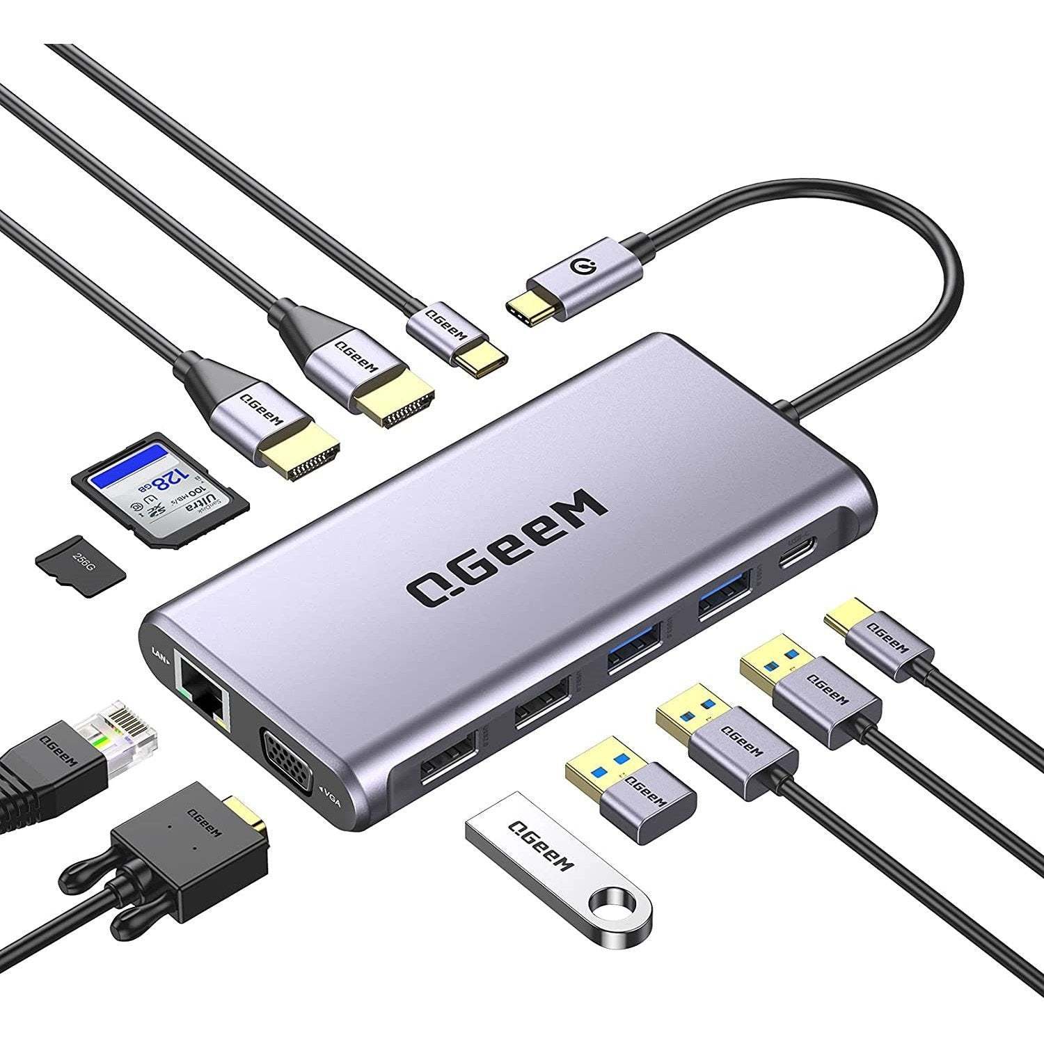 QGeeM 12 in 1 USB C Hub Laptop Docking Station Dual Monitor,Triple Display USB Type C Dock with 4K Dual HDMI,VGA,100W PD,Ethernet,4USB,SD/TF, Compatible for MacBook and Windows-UH12-V