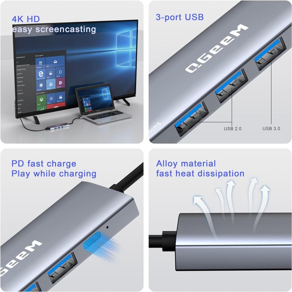 QGeeM 5-in-1 USB C HUB HDMI 4K@30HZ,100W fast charging,5Gbps high-speed data transfer USB-C HUB