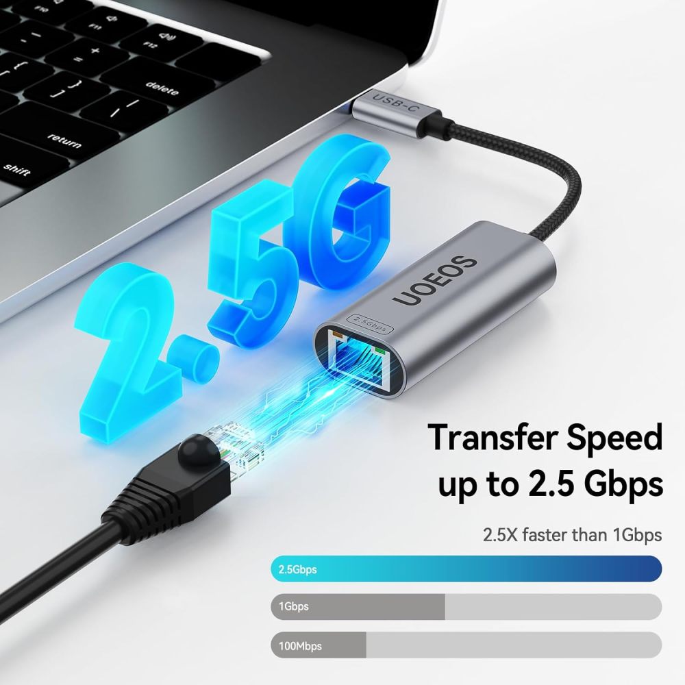 UOEOS USB C to Ethernet 2.5 Gbps Adapter, USB C to RJ45 Network Converter (Thunderbolt 4/3 Compatible),USB-C to 2.5 Gigabit LAN Ethernet Compatible for MacBook iPhone 15 Pro max,XPS, Surface-Gray