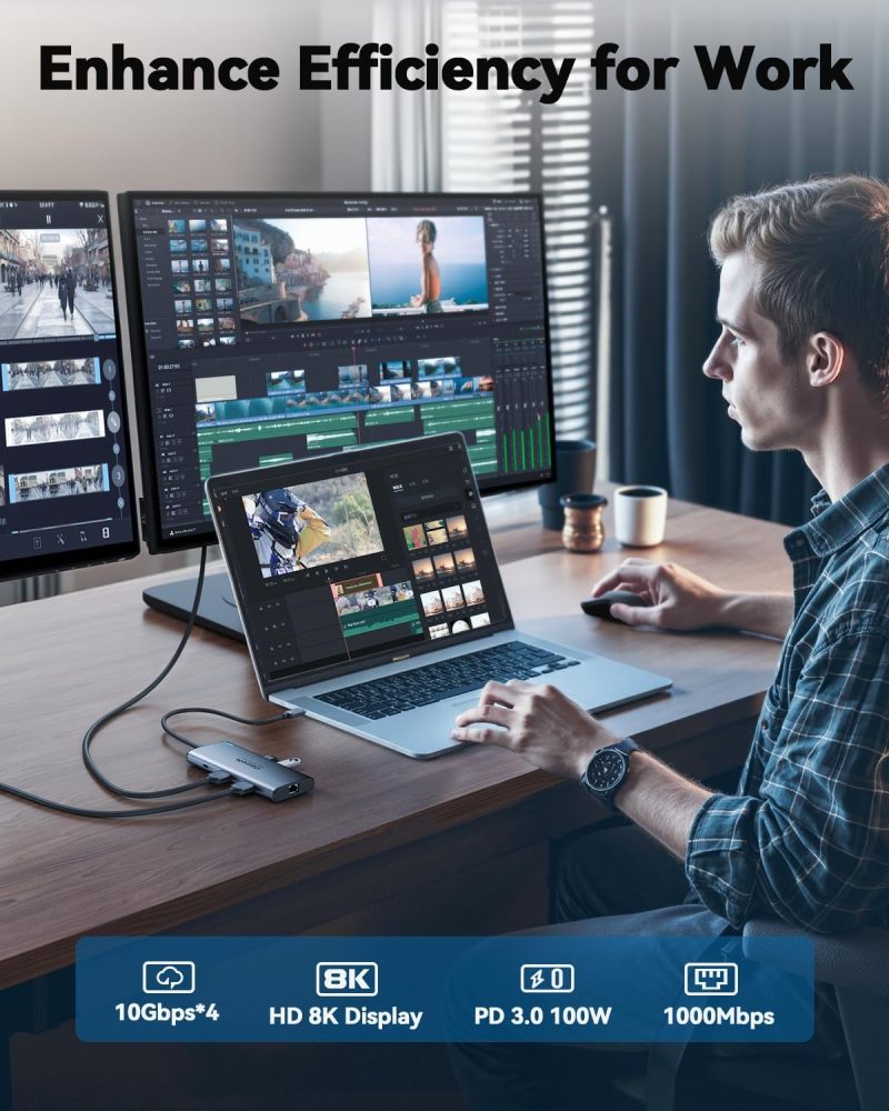 QGeeM USB C Hub,8 in 1 Extender Splitter with Single 8K,Dual 4K@60Hz HDMI for Thunderbolt 3/4/5,Multiport USB C to Ethernet Adapter for Type C Device,USB A 10Gbps Data,PD100W-M1/M2 only 1 Display-UH08-22-A