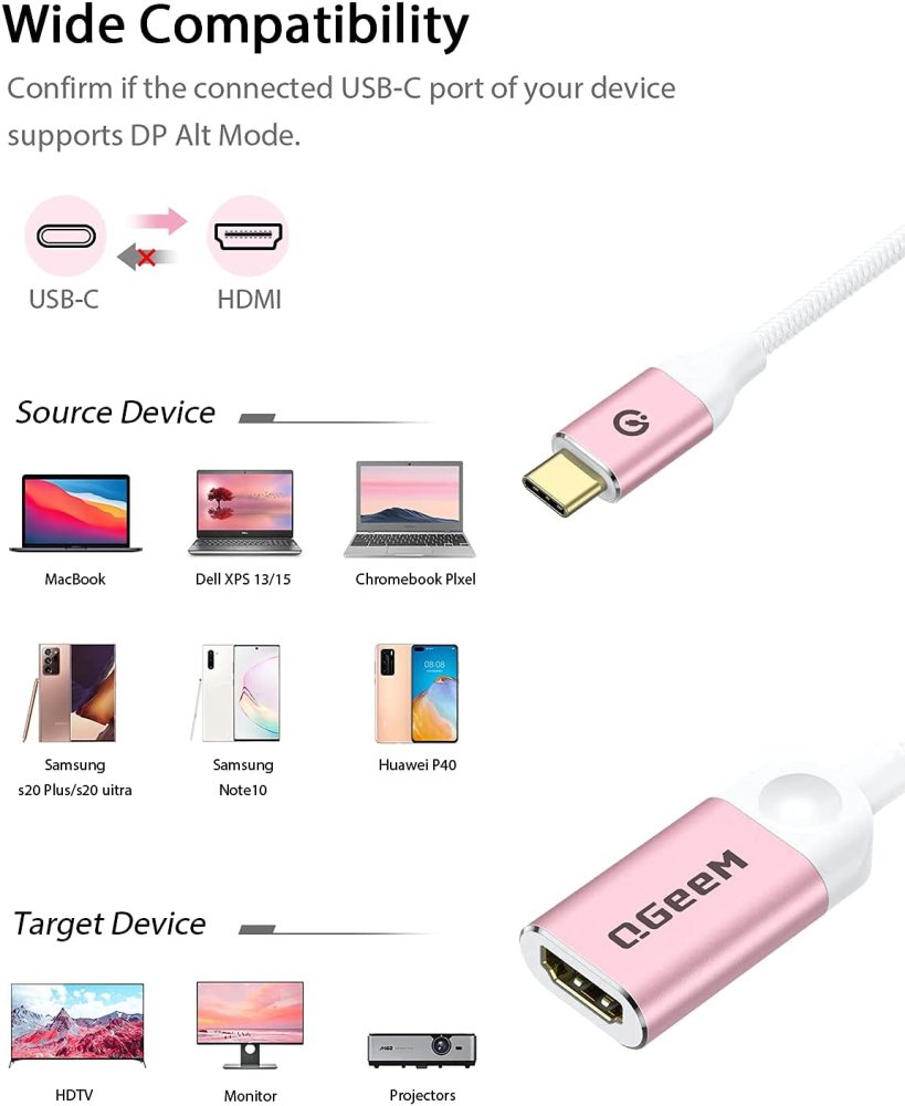 QGeeM USB C to HDMI Adapter 4K@30Hz Cable, USB Type-C to HDMI Adapter [Thunderbolt 3/4] HDMI Adapter for Laptop MacBook Pro/Air, iPhone15 Pro max, Dell XPS, HP.Pixelbook, Thinkpad,Surface,Ipad Pro etc.（UA01）