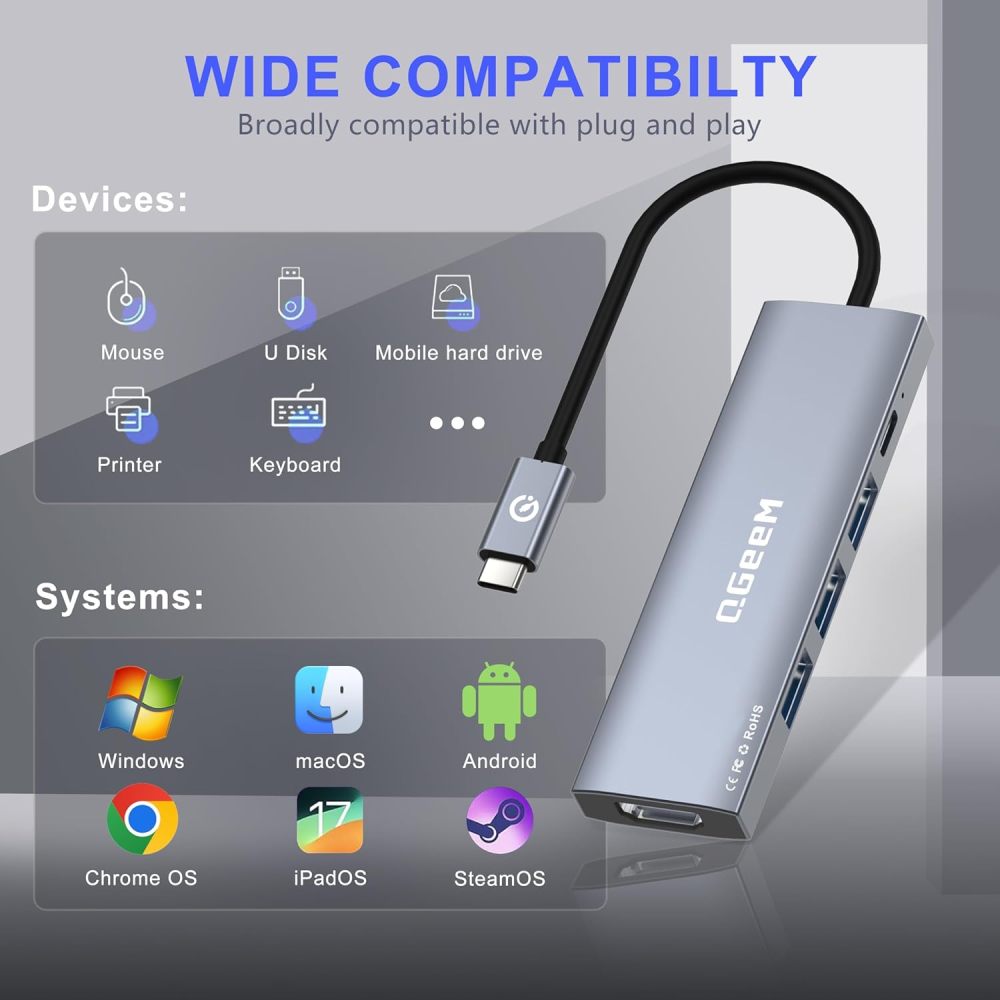 QGeeM 5-in-1 USB C HUB HDMI 4K@30HZ,100W fast charging,5Gbps high-speed data transfer USB-C HUB