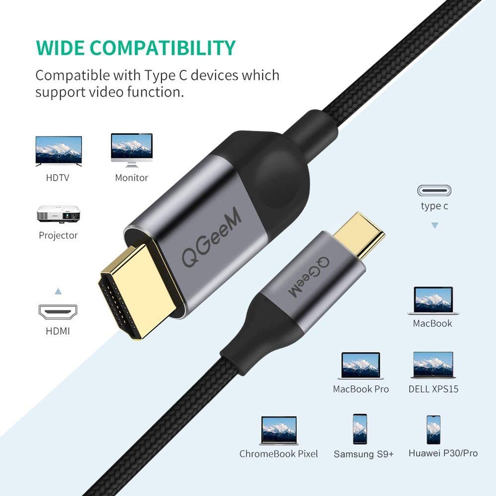 QGeeM USB-C to HDMI Cable-4K@30Hz, Thunderbolt 3 Compatible for iPhone 15 Pro Max,Galaxy,MacBook Pro/air,Dell XPS