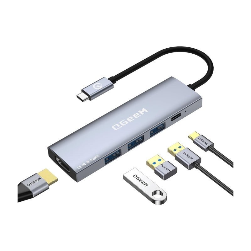 QGeeM 5-in-1 USB C HUB HDMI 4K@30HZ,100W fast charging,5Gbps high-speed data transfer USB-C HUB