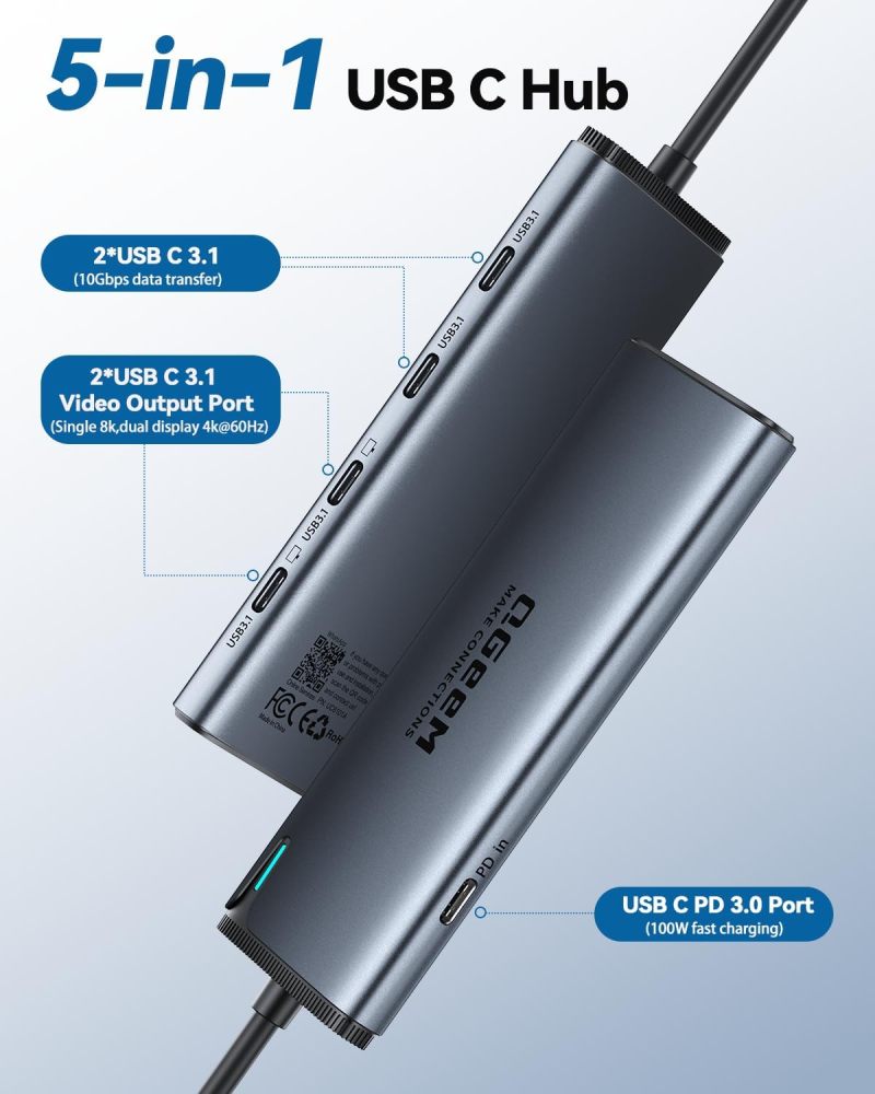 QGeeM USB C Hub for Thunderbolt 3/4/5,Multiple Converter Adapter 5 in 1,Type C Splitter Extender with Single 8K,Dual 4K/60Hz,10Gbps Data Transfer,PD 100W,for MacBook Pro,iMac,HP（M1/M2 only 1 Display）-UH05C-24-A