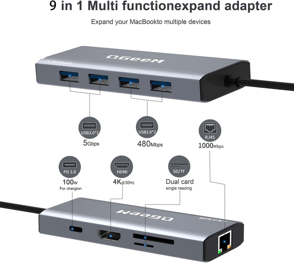 QGeeM USB C Hub Ethernet,9 in 1 Docking Stationwith 4K HDMI,1000Mbps LAN, 100W PD, USB 3.0/2.0, SD/TF Card Reader, USB C Dock Compatible with iPhone 15/Mac/Dell/HP/Surface-UH09-5-A