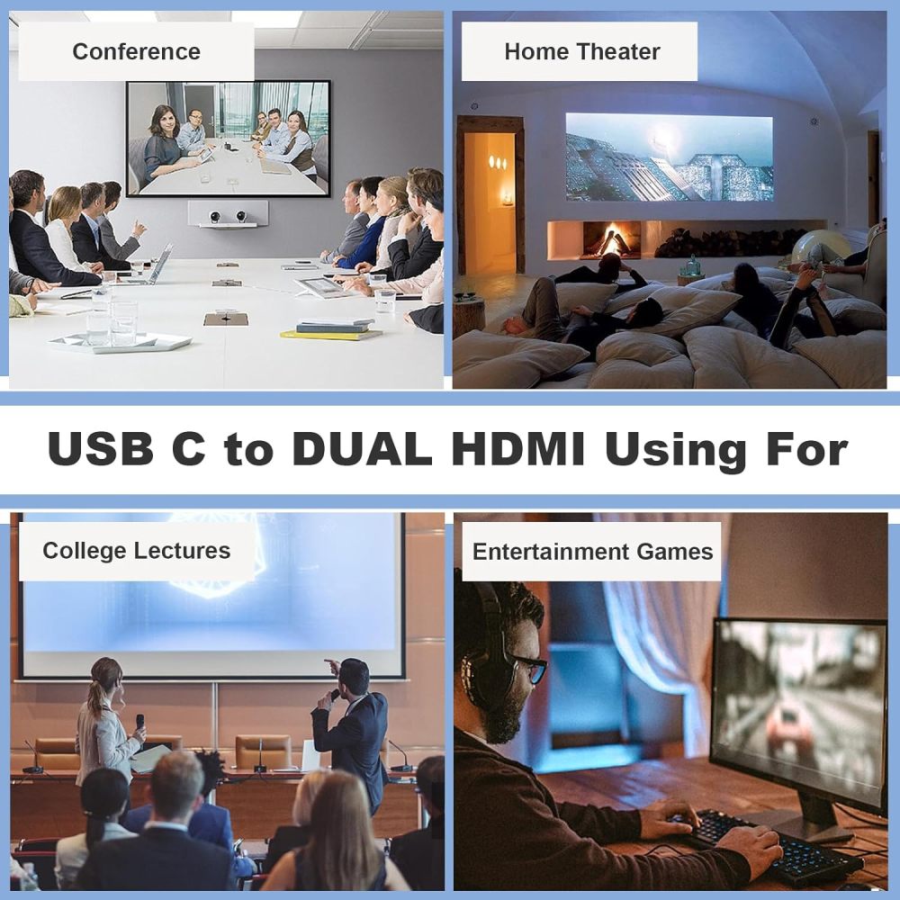 USB C to Dual HDMI Adapter, Type C to HDMI Splitter for Dual Monitors Extended Display, 4K@60Hz for 1 Port 4K@30Hz for 2 Ports,Converter for Dell XPS 13/15/17, HP, Lenovo, Surface Type C Laptop-UH02-6-A