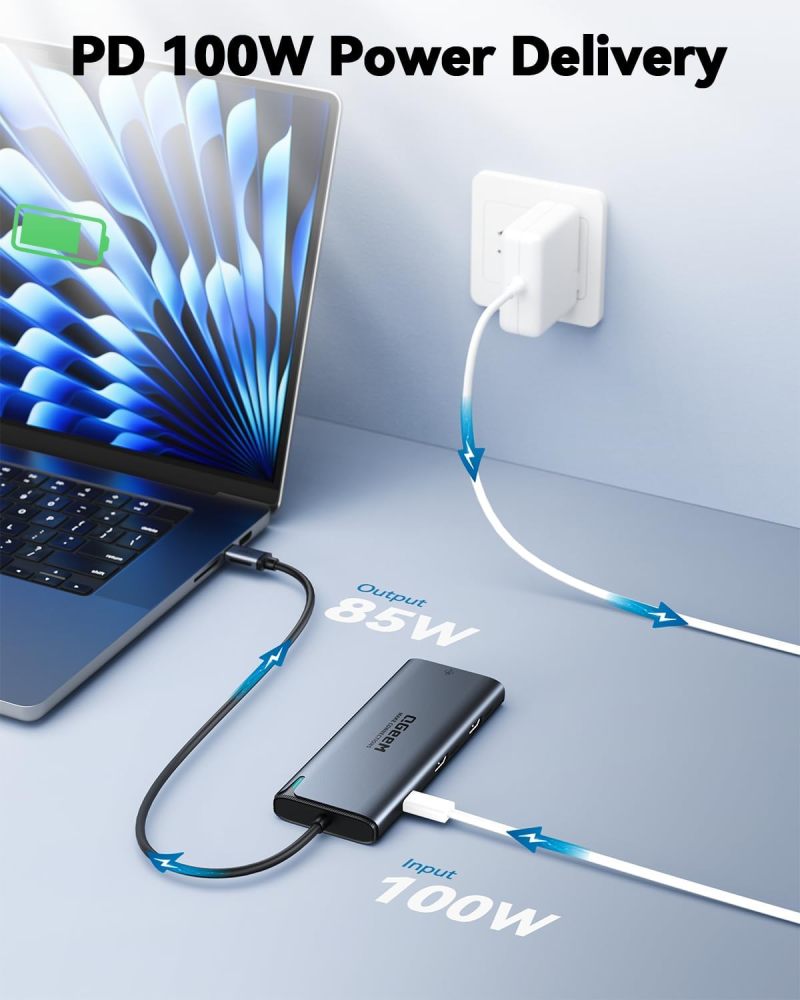 QGeeM USB C Hub,8 in 1 Extender Splitter with Single 8K,Dual 4K@60Hz HDMI for Thunderbolt 3/4/5,Multiport USB C to Ethernet Adapter for Type C Device,USB A 10Gbps Data,PD100W-M1/M2 only 1 Display-UH08-22-A