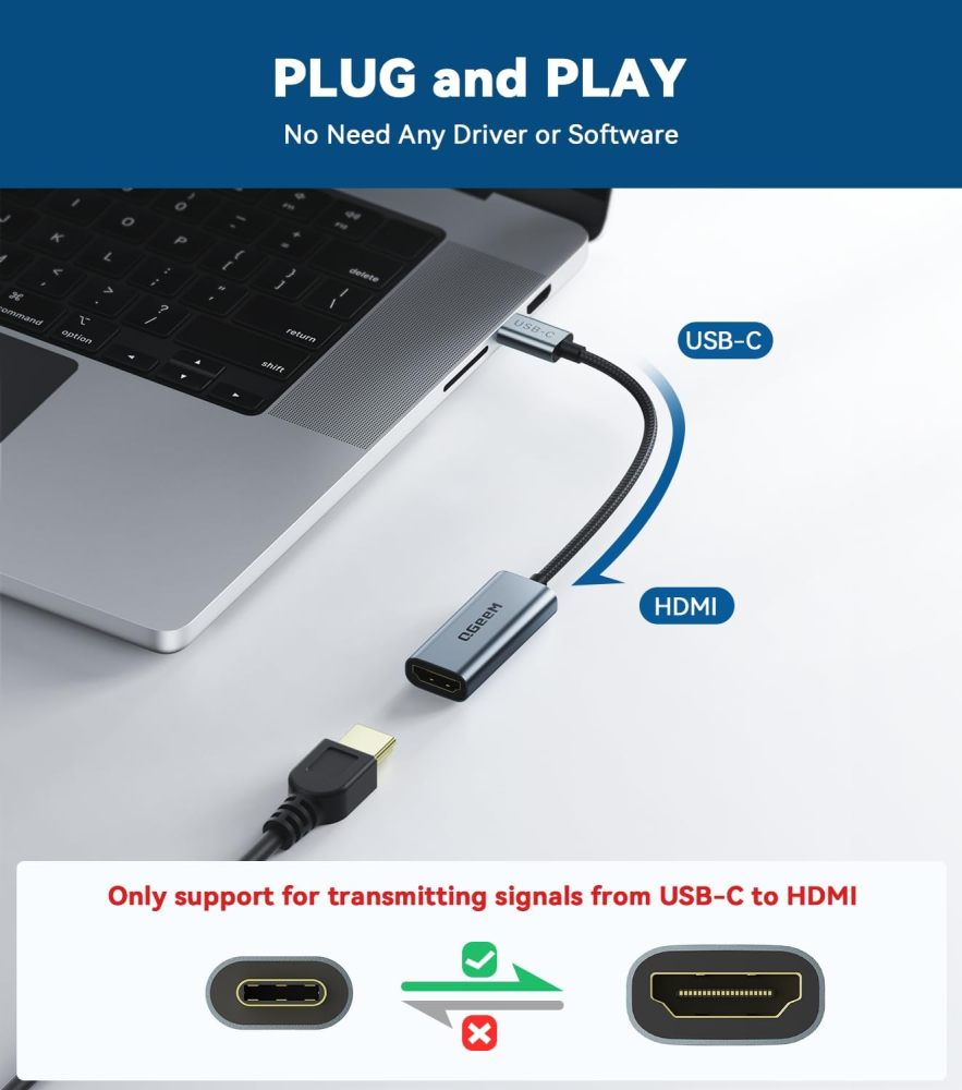 QGeeM USB C to HDMI Adapter 4K@60Hz,Thunderbolt 3/4 to HDMI Adapter,HDMI to USB C Converter Compatible for MacBook Pro/Air,iPhone16/15 Pro Max Plus,iPad Mini Air,Dell XPS,Galaxy S24Ultra,iMac and More(UA03-G)
