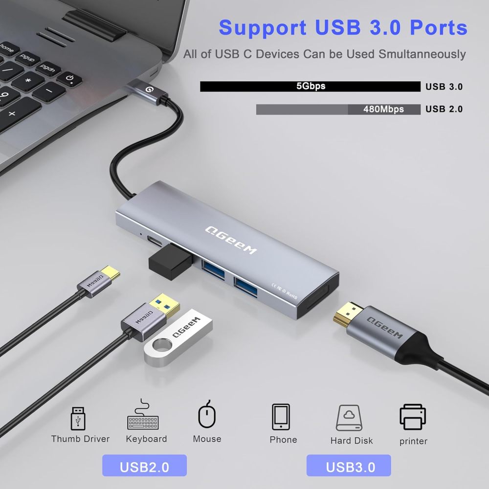 QGeeM 5-in-1 USB C HUB HDMI 4K@30HZ,100W fast charging,5Gbps high-speed data transfer USB-C HUB