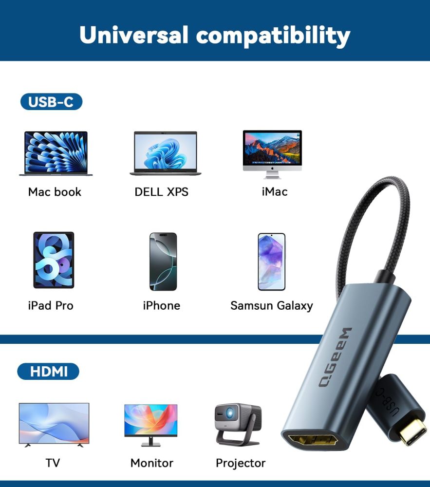 QGeeM USB C to HDMI Adapter 4K@60Hz,Thunderbolt 3/4 to HDMI Adapter,HDMI to USB C Converter Compatible for MacBook Pro/Air,iPhone16/15 Pro Max Plus,iPad Mini Air,Dell XPS,Galaxy S24Ultra,iMac and More(UA03-G)