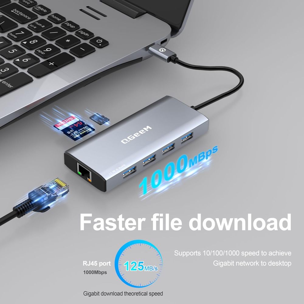 QGeeM USB C Hub Ethernet,9 in 1 Docking Stationwith 4K HDMI,1000Mbps LAN, 100W PD, USB 3.0/2.0, SD/TF Card Reader, USB C Dock Compatible with iPhone 15/Mac/Dell/HP/Surface-UH09-5-A
