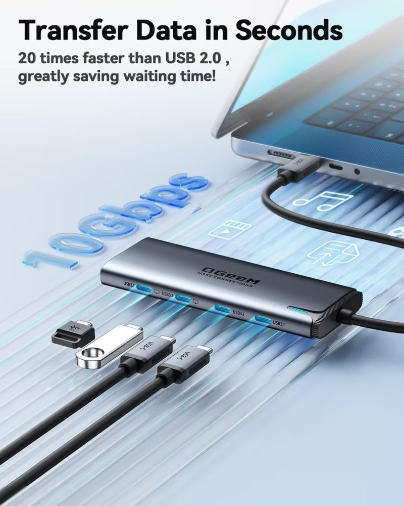 QGeeM USB C Hub for Thunderbolt 3/4/5,Multiple Converter Adapter 5 in 1,Type C Splitter Extender with Single 8K,Dual 4K/60Hz,10Gbps Data Transfer,PD 100W,for MacBook Pro,iMac,HP（M1/M2 only 1 Display）-UH05C-24-A