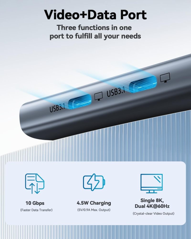 QGeeM USB C Hub for Thunderbolt 3/4/5,Multiple Converter Adapter 5 in 1,Type C Splitter Extender with Single 8K,Dual 4K/60Hz,10Gbps Data Transfer,PD 100W,for MacBook Pro,iMac,HP（M1/M2 only 1 Display）-UH05C-24-A