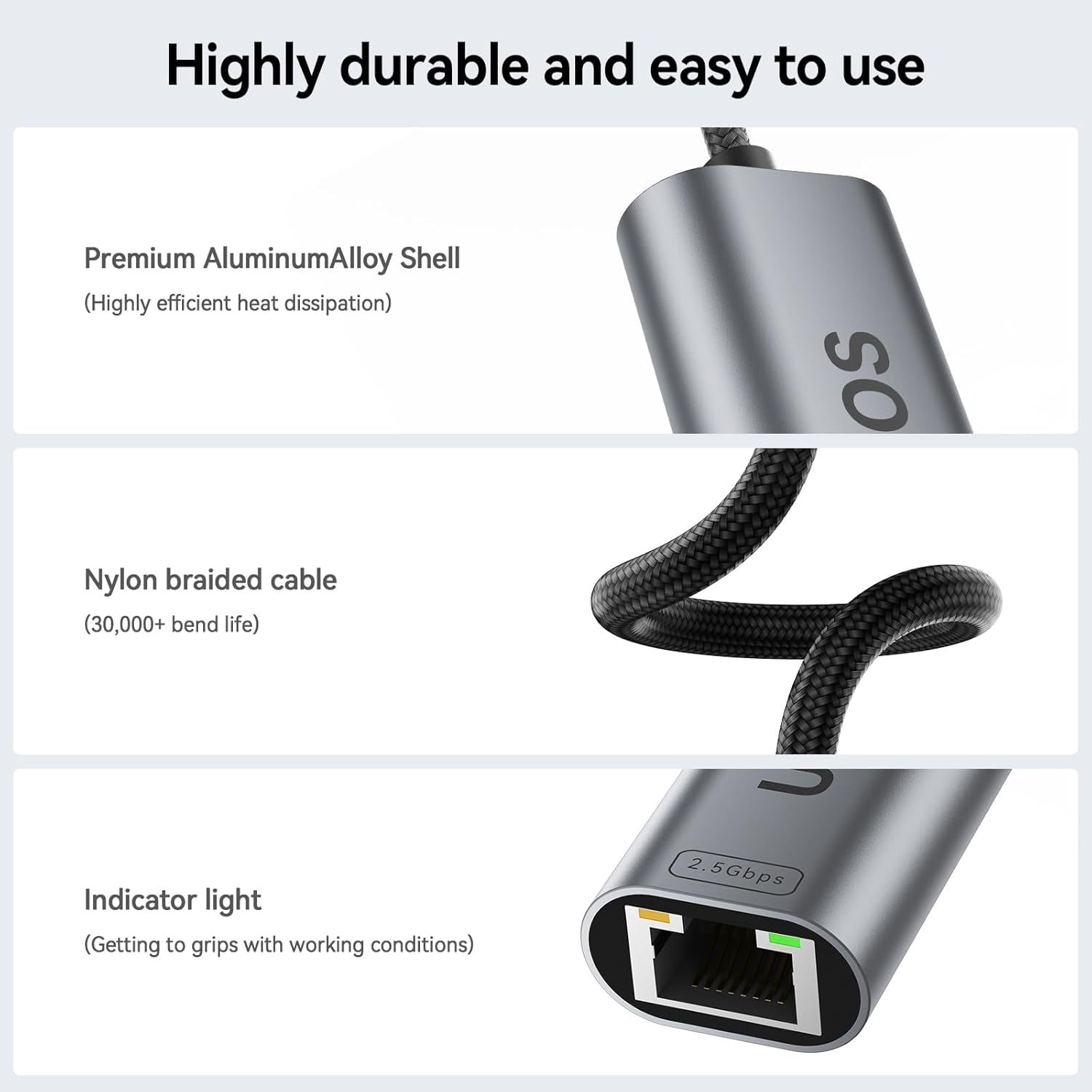 UOEOS USB C to Ethernet 2.5 Gbps Adapter, USB C to RJ45 Network Converter (Thunderbolt 4/3 Compatible),USB-C to 2.5 Gigabit LAN Ethernet Compatible for MacBook iPhone 15 Pro max,XPS, Surface-Gray