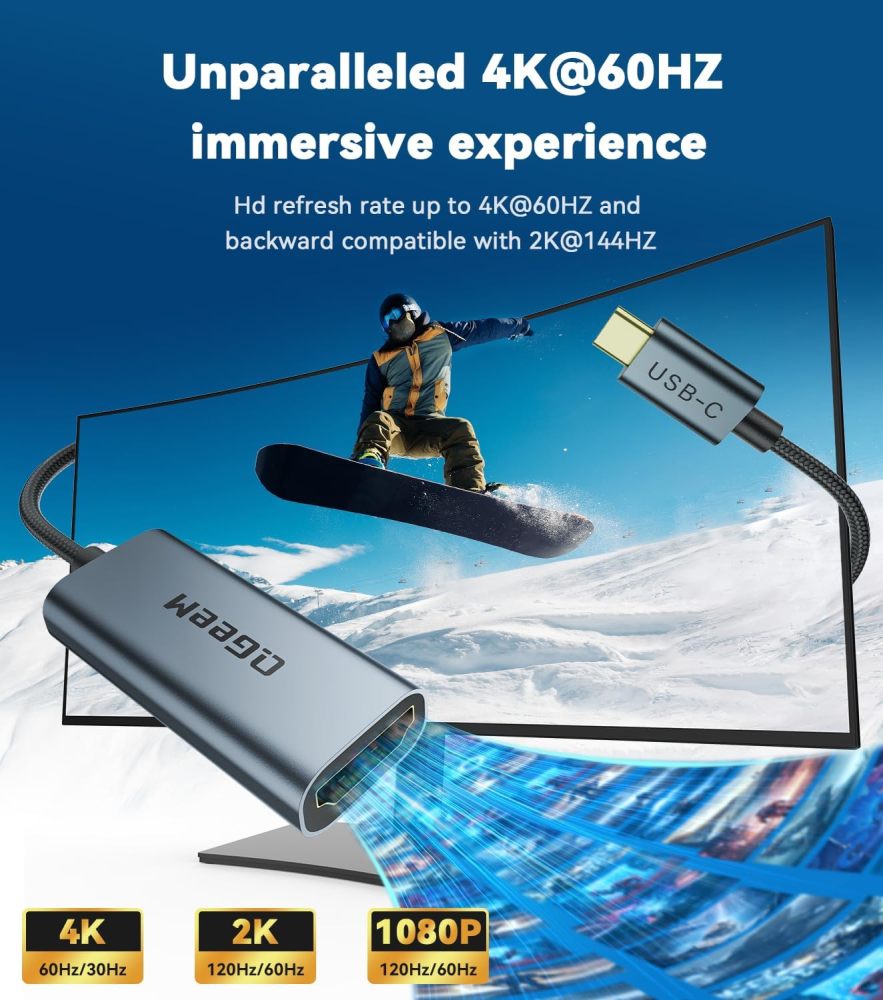 QGeeM USB C to HDMI Adapter 4K@60Hz,Thunderbolt 3/4 to HDMI Adapter,HDMI to USB C Converter Compatible for MacBook Pro/Air,iPhone16/15 Pro Max Plus,iPad Mini Air,Dell XPS,Galaxy S24Ultra,iMac and More(UA03-G)