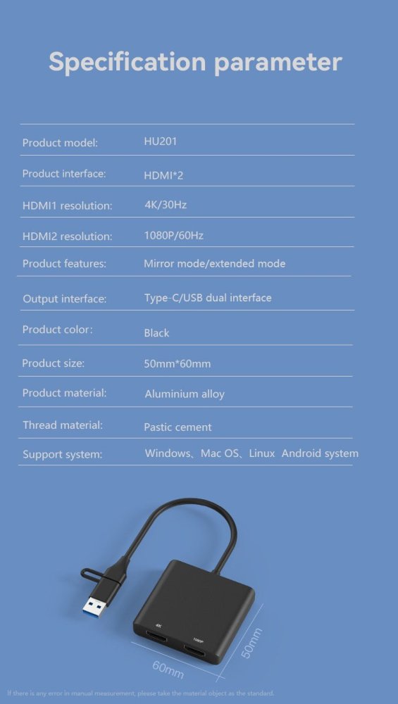 USB C/USB 3.0 to HDMI Splitter Extended Display docking station, USB C to HDMI Adapter for Windows and Mac OS, Support Displaylink-UH02AC-7-B