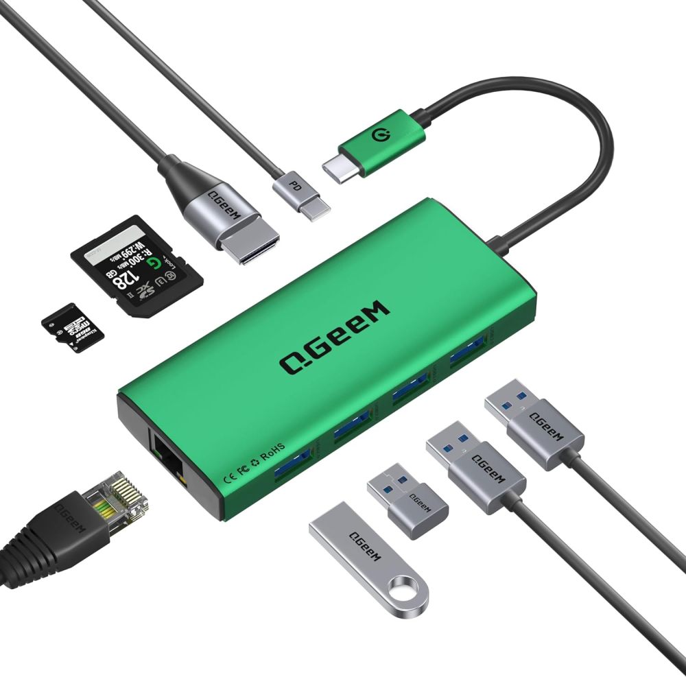 QGeeM USB C Hub Ethernet,9 in 1 Docking Stationwith 4K HDMI,1000Mbps LAN, 100W PD, USB 3.0/2.0, SD/TF Card Reader, USB C Dock Compatible with iPhone 15/Mac/Dell/HP/Surface-UH09-5-A