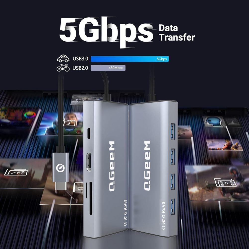 QGeeM USB C Hub Ethernet,9 in 1 Docking Stationwith 4K HDMI,1000Mbps LAN, 100W PD, USB 3.0/2.0, SD/TF Card Reader, USB C Dock Compatible with iPhone 15/Mac/Dell/HP/Surface-UH09-5-A