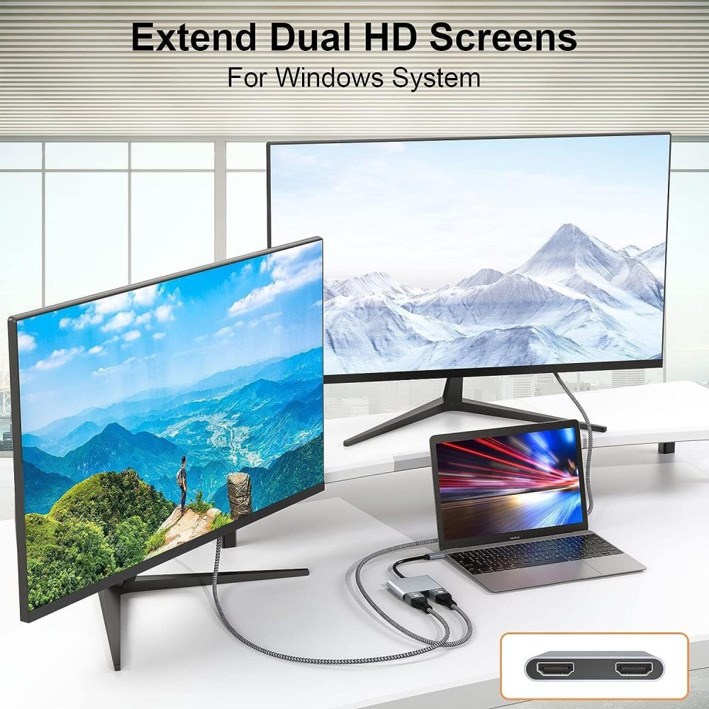 USB C to Dual HDMI Adapter, Type C to HDMI Splitter for Dual Monitors Extended Display, 4K@60Hz for 1 Port 4K@30Hz for 2 Ports,Converter for Dell XPS 13/15/17, HP, Lenovo, Surface Type C Laptop-UH02-6-A