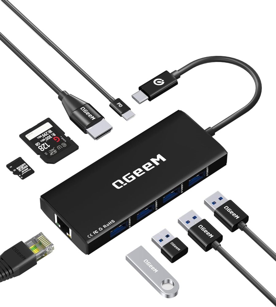 QGeeM USB C Hub Ethernet,9 in 1 Docking Stationwith 4K HDMI,1000Mbps LAN, 100W PD, USB 3.0/2.0, SD/TF Card Reader, USB C Dock Compatible with iPhone 15/Mac/Dell/HP/Surface-UH09-5-A