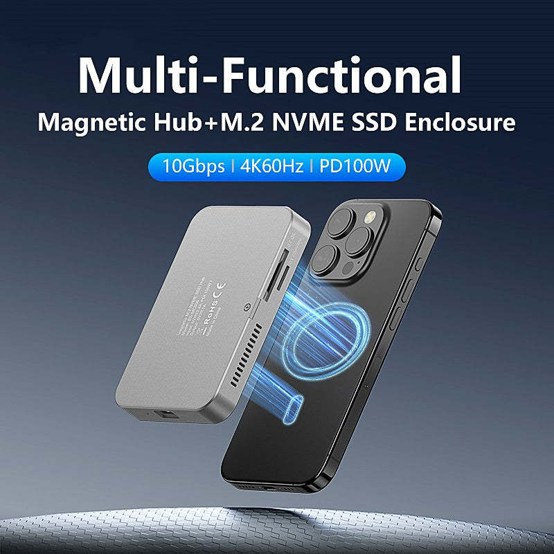 8-in-1 Magnetic USB C Hub with 100W PD Charging & M.2 NVME SSD Enclosure - Aluminum Alloy Docking Station, 10Gbps USB 3.2 Gen2, 4K@60Hz HDMI, Dual SD/TF Card Reader-UH08-24