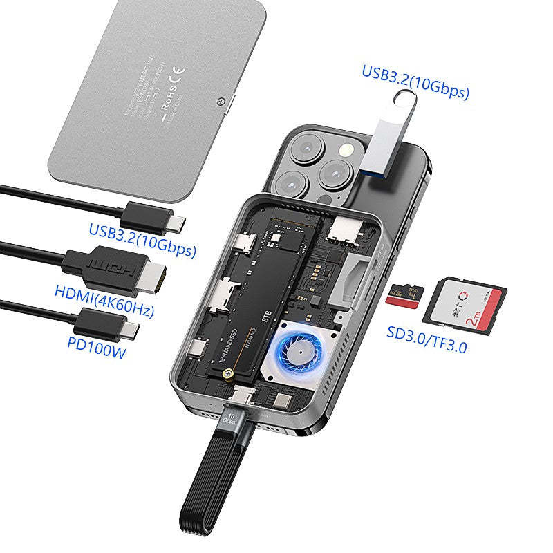 8-in-1 Magnetic USB C Hub with 100W PD Charging & M.2 NVME SSD Enclosure - Aluminum Alloy Docking Station, 10Gbps USB 3.2 Gen2, 4K@60Hz HDMI, Dual SD/TF Card Reader-UH08-24