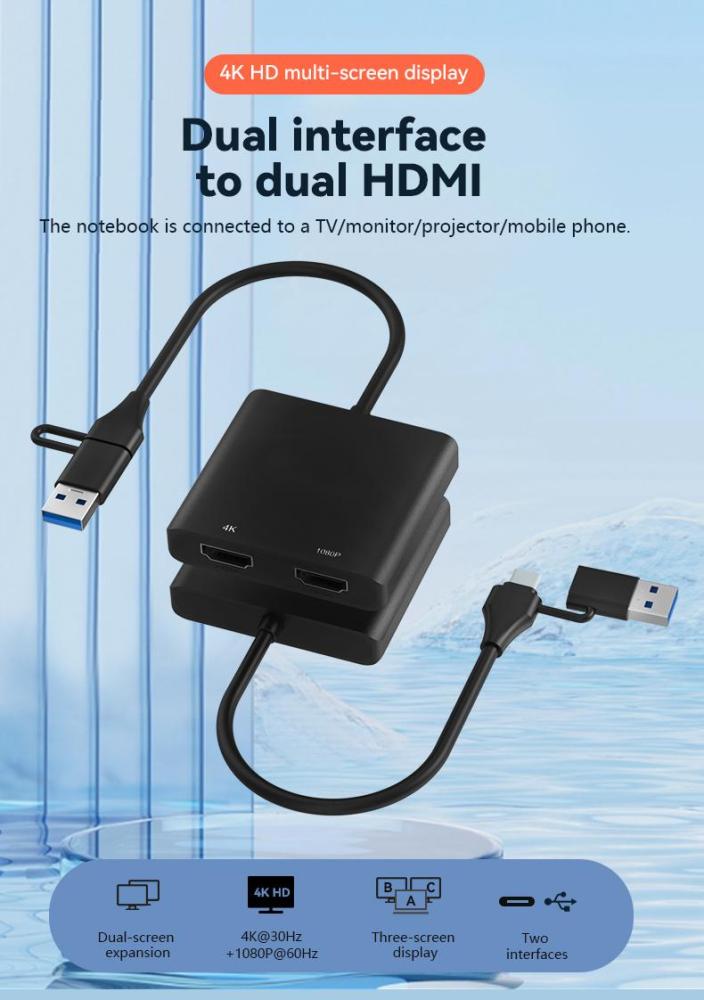 USB C/USB 3.0 to HDMI Splitter Extended Display docking station, USB C to HDMI Adapter for Windows and Mac OS, Support Displaylink-UH02AC-7-B