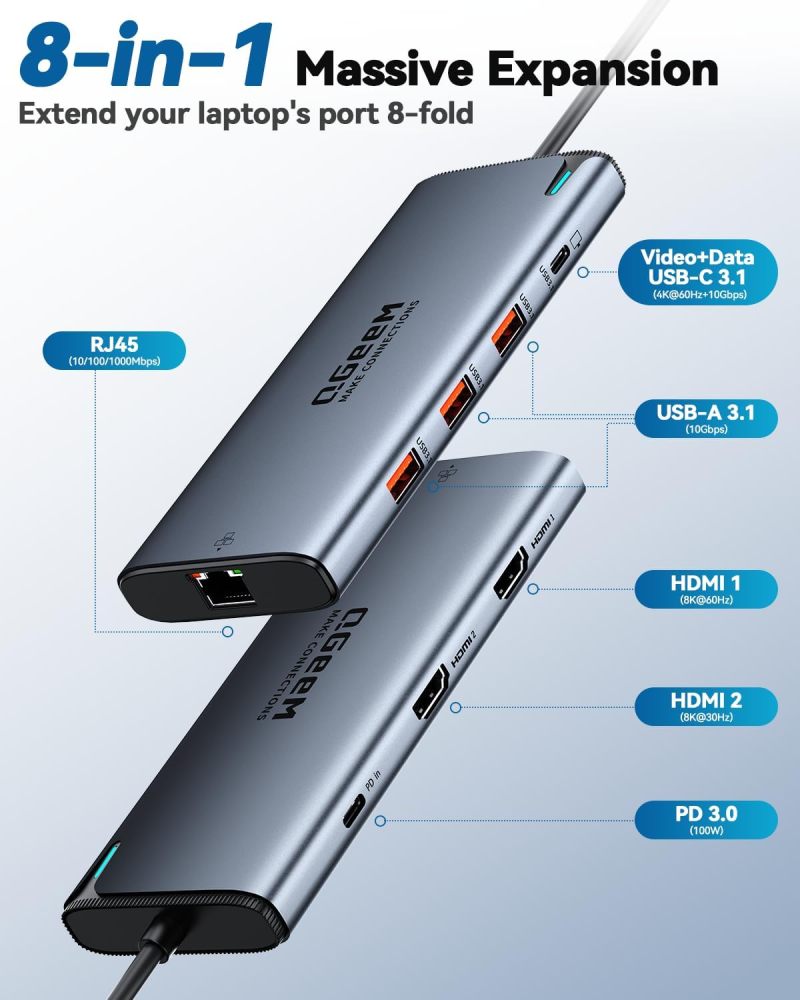 QGeeM USB C Hub,8 in 1 Extender Splitter with Single 8K,Dual 4K@60Hz HDMI for Thunderbolt 3/4/5,Multiport USB C to Ethernet Adapter for Type C Device,USB A 10Gbps Data,PD100W-M1/M2 only 1 Display-UH08-22-A