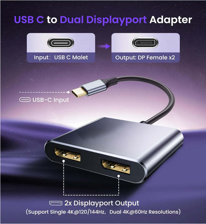 USB C to Dual DisplayPort(DP) Adapter, 4K@144Hz(8K@30Hz) Type-C to DP Splitter for Dual Monitors Extend Display FOR Mac- Book/Mac- Book Pro, Samsung, Dell, HP, Lenovo,Surface Type C Laptop（UH02-23-A-0.12-SY-V1-S1）