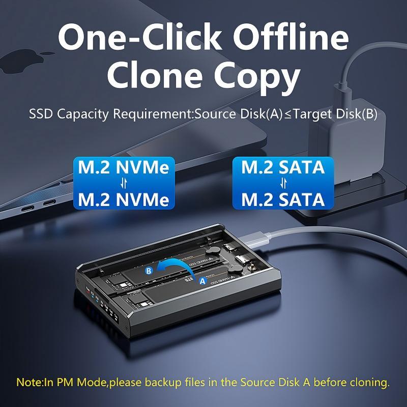 Dual-Slot M.2 NVMe/SATA RAID Enclosure – 20Gbps Portable SSD Box with Offline Copy, Aluminum Alloy Housing, Supports 16TB Storage (2230/2242/2260/2280)-【ST31-001（DB280A3）】