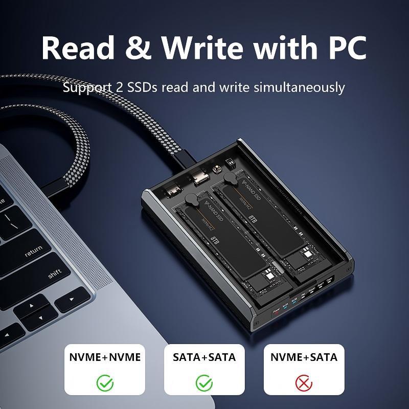 Dual-Slot M.2 NVMe/SATA RAID Enclosure – 20Gbps Portable SSD Box with Offline Copy, Aluminum Alloy Housing, Supports 16TB Storage (2230/2242/2260/2280)-【ST31-001（DB280A3）】