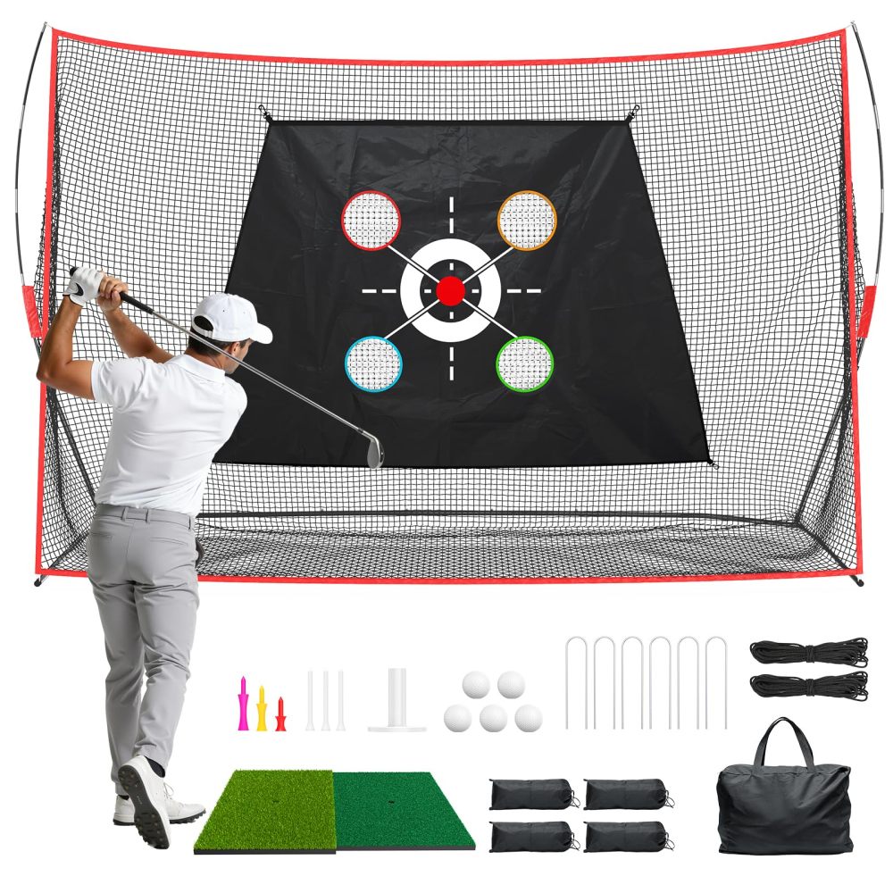 Golf Hitting Net 10x7FT with Mat & Target - Professional Training Net for Backyard Driving, Chipping, Swing Practice Indoor and Outdoor - Gift for Men, Dad, Golfer