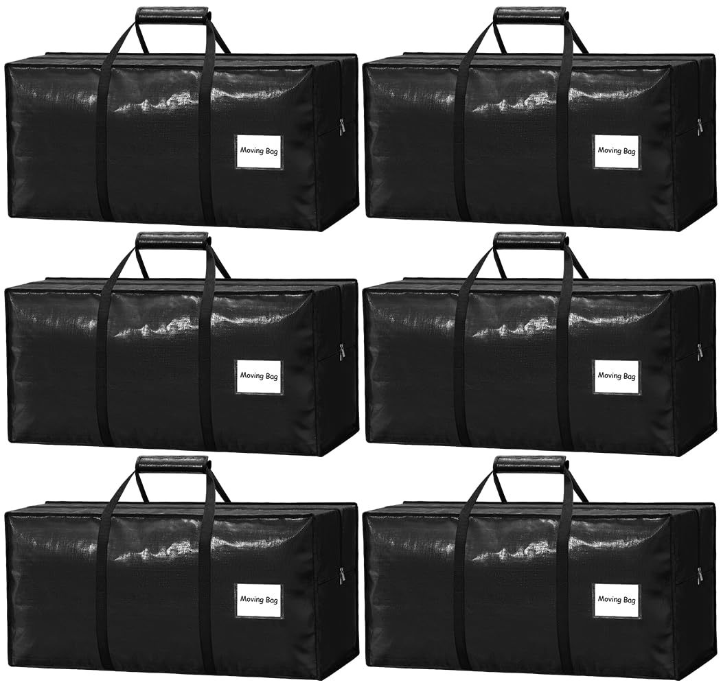 6 Pack Heavy Duty Moving Bags with Padded Wrap Around Handles-Strengthened Zipper Extra Large Storage Totes for Moving Boxes, Clothes, Bedding, Holiday Décor & Home Storage