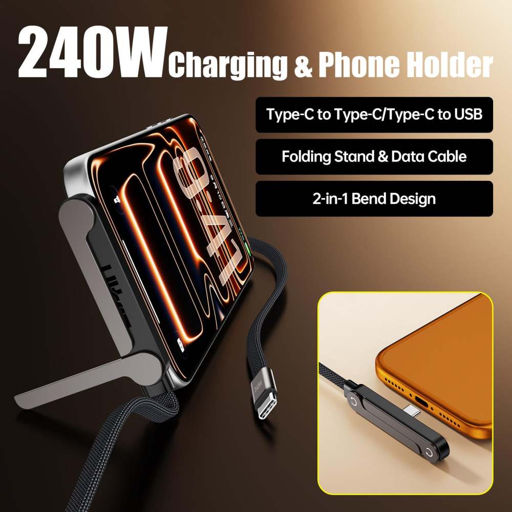 Invisible Holder Charger Cable with Stand,Type-C to Type-C,240W PD Fast Charging Cable with 360° Adjustable Metal Stand for Phone Gaming, Video Calls, and Car Travel-CC0091-A-1.5-BK-V1-S1