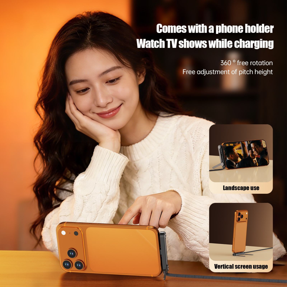 Invisible Holder Charger Cable with Stand,Type-C to Type-C,240W PD Fast Charging Cable with 360° Adjustable Metal Stand for Phone Gaming, Video Calls, and Car Travel-CC0091-A-1.5-BK-V1-S1