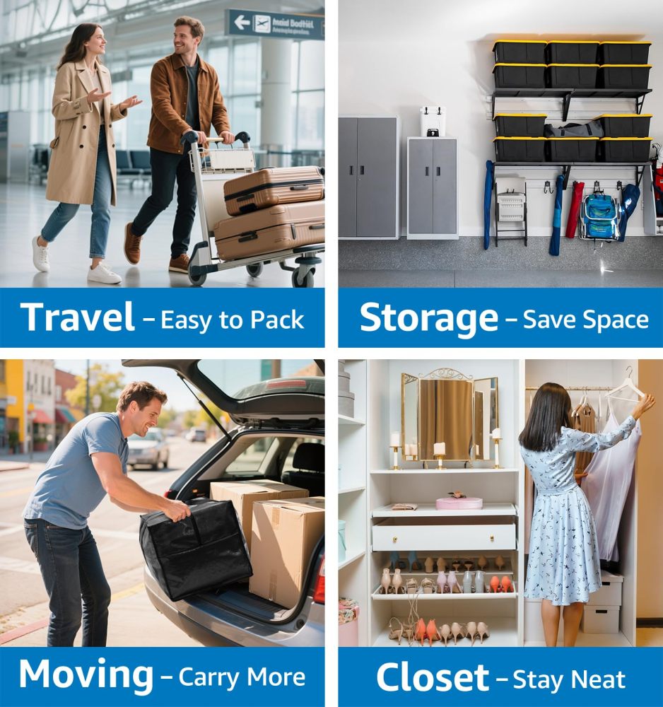 6 Pack Heavy Duty Moving Bags with Padded Wrap Around Handles-Strengthened Zipper Extra Large Storage Totes for Moving Boxes, Clothes, Bedding, Holiday Décor & Home Storage