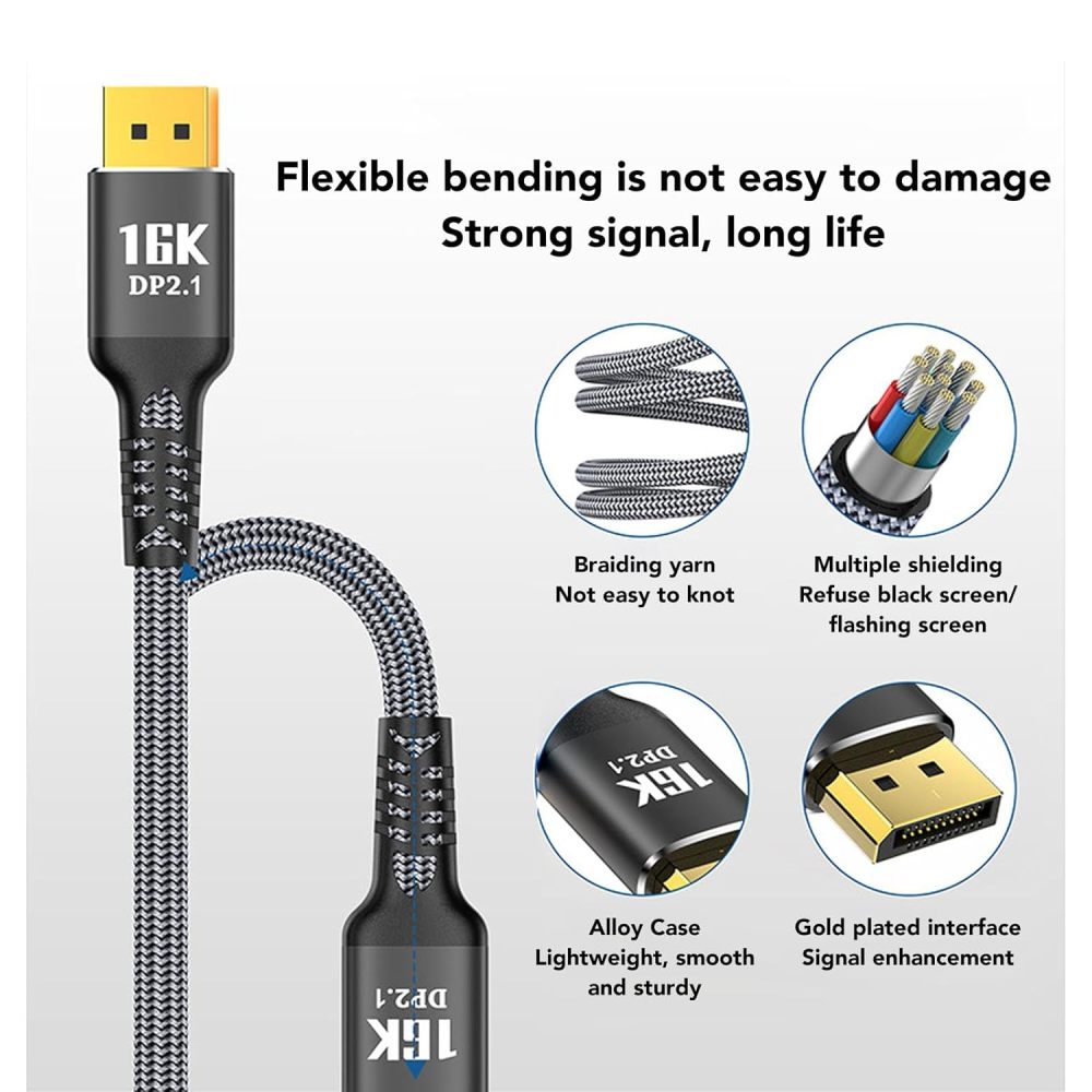DisplayPort 2.1 Cable, 16K 30Hz 40Gbps Dynamic HDR 3D Audio, Male to Male Cable with 32bit Sound Sync, for G Sync FreeSync Gaming Monitors-AV98-A