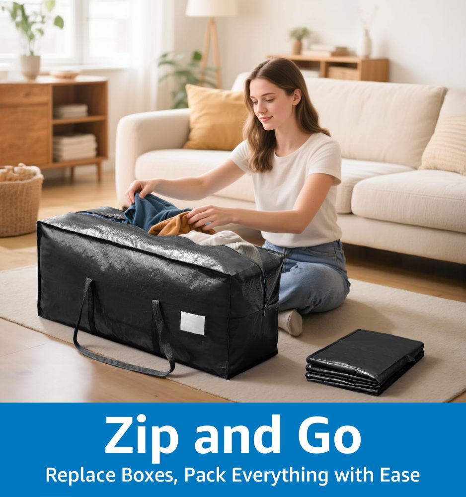 6 Pack Heavy Duty Moving Bags with Padded Wrap Around Handles-Strengthened Zipper Extra Large Storage Totes for Moving Boxes, Clothes, Bedding, Holiday Décor & Home Storage