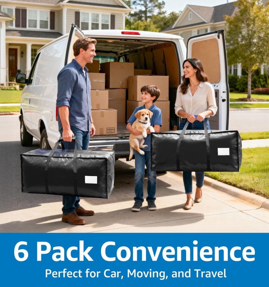 6 Pack Heavy Duty Moving Bags with Padded Wrap Around Handles-Strengthened Zipper Extra Large Storage Totes for Moving Boxes, Clothes, Bedding, Holiday Décor & Home Storage