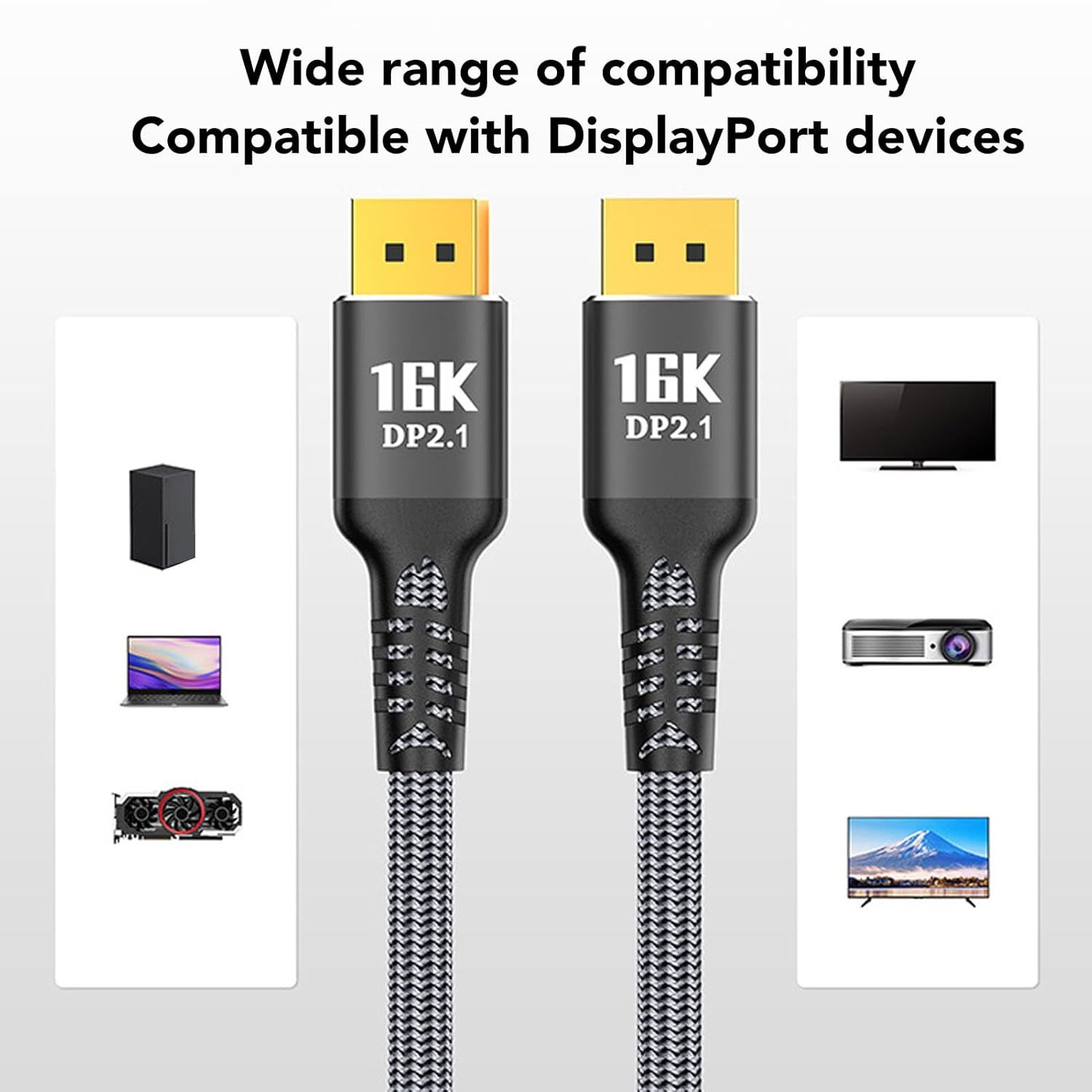 DisplayPort 2.1 Cable, 16K 30Hz 40Gbps Dynamic HDR 3D Audio, Male to Male Cable with 32bit Sound Sync, for G Sync FreeSync Gaming Monitors-AV98-A