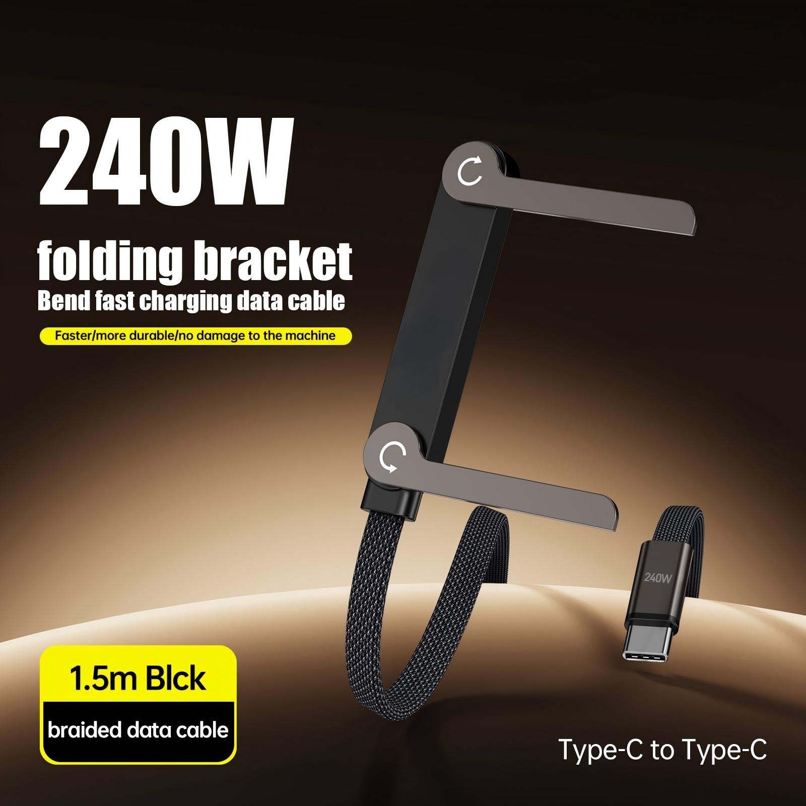 Invisible Holder Charger Cable with Stand,Type-C to Type-C,240W PD Fast Charging Cable with 360° Adjustable Metal Stand for Phone Gaming, Video Calls, and Car Travel-CC0091-A-1.5-BK-V1-S1