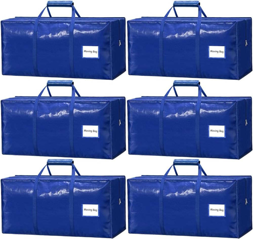 6 Pack Heavy Duty Moving Bags with Padded Wrap Around Handles-Strengthened Zipper Extra Large Storage Totes for Moving Boxes, Clothes, Bedding, Holiday Décor & Home Storage