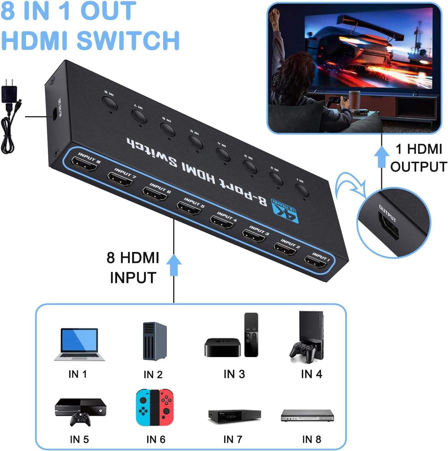 HDMI 1.4 Switch, 4K@30Hz HDMI Switcher 8 in 1 Out with IR Remote, 8 Port HDMI Selector Box Support HDMI 1.4, suitable for computers, notebooks, HD-DVD, SKY-STB, PS3/4/5, Xbox 360 and other devices
